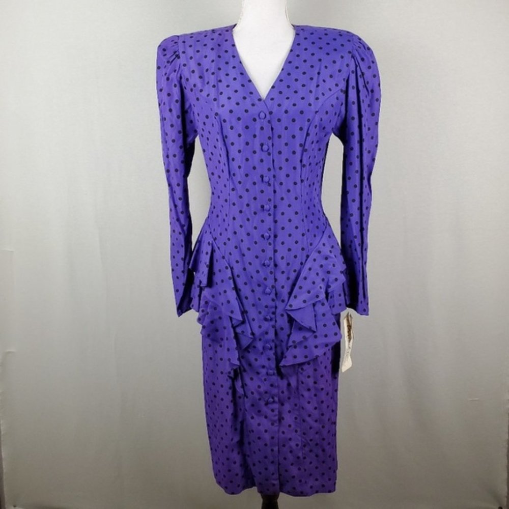 Vintage Pistachio Purple Polka Dot Dress Ruffle Hips V Neck Shoulder Pads